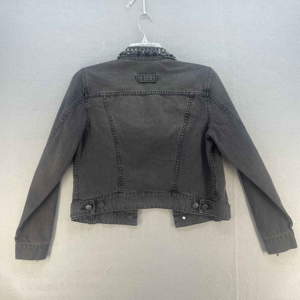 CAbi Jeans Black Distressed Jean Jacket with Beaded Collar Women’s Size Medium - Picture 3 of 16